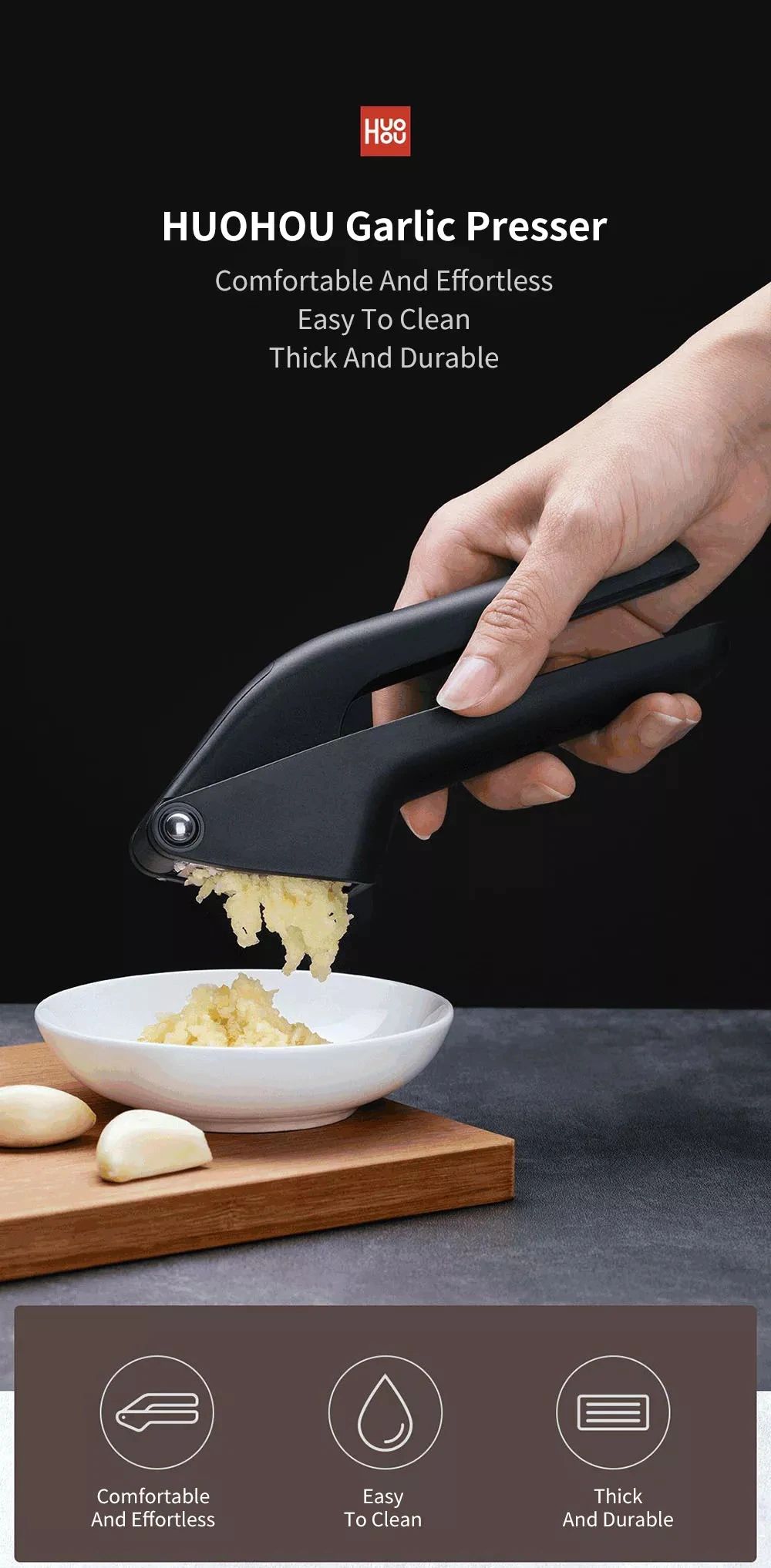 Features: Ergonomic Design Handle In the process of using the product, it fits the natural shape of the hand to the utmost extent. The texture of the matte is comfortable, the grip is comfortable, the force is scientific, the pressure resistance is strong, and the garlic head is very efficient. Simple And Openable Platen The pressure plate adopts a simple flat design, which can be opened and sealed very conveniently and flexibly to prevent bacteria from hiding and breeding, which is very healthy and safe. Stainless steel material, easy to clean Uniform Holes, One Second For Garlic Mud 63 uniform holes, caliber closed funnel design, more delicate garlic mud