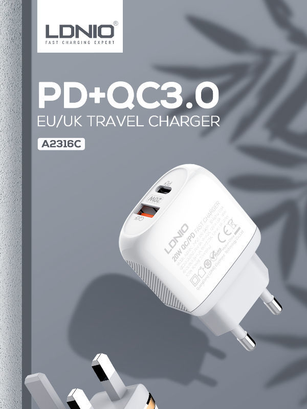 LDNIO A2316C-EU 20W Fast Travel Dual Port USB & Type-C Charger