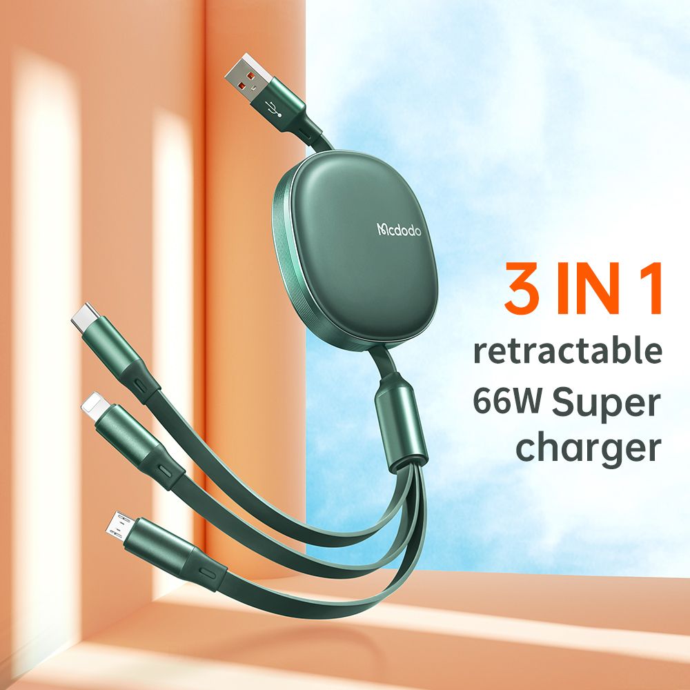 Mcdodo CA-120 66W 3 in 1 VOOC SCP QC Fast Charge Retractable Data Cable 1.2m