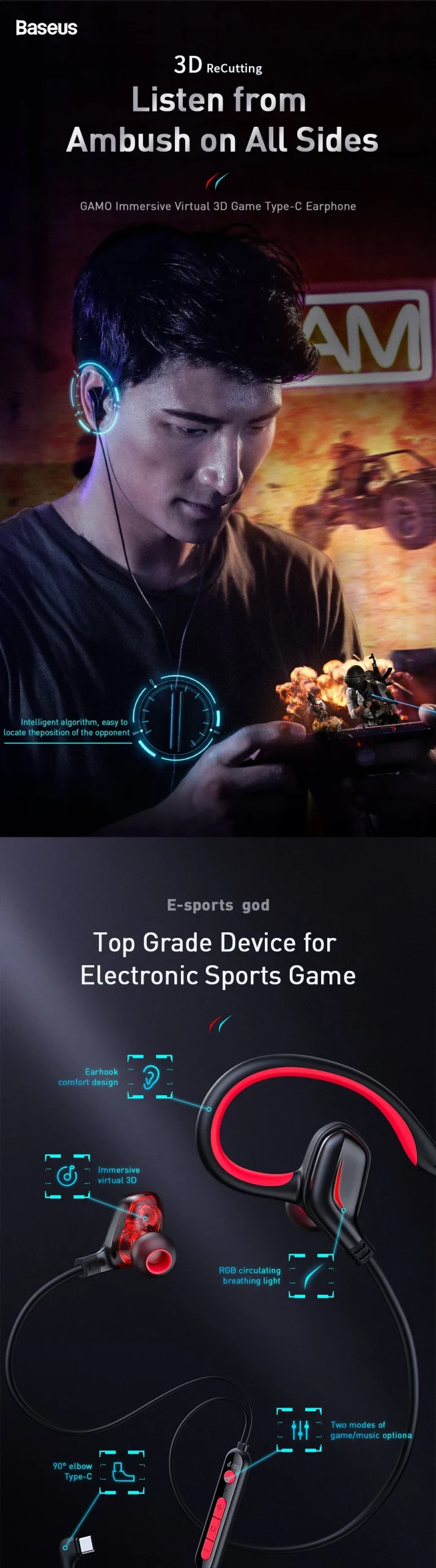 Baseus GAMO Immersive Virtual 3D Game Type C Earphone