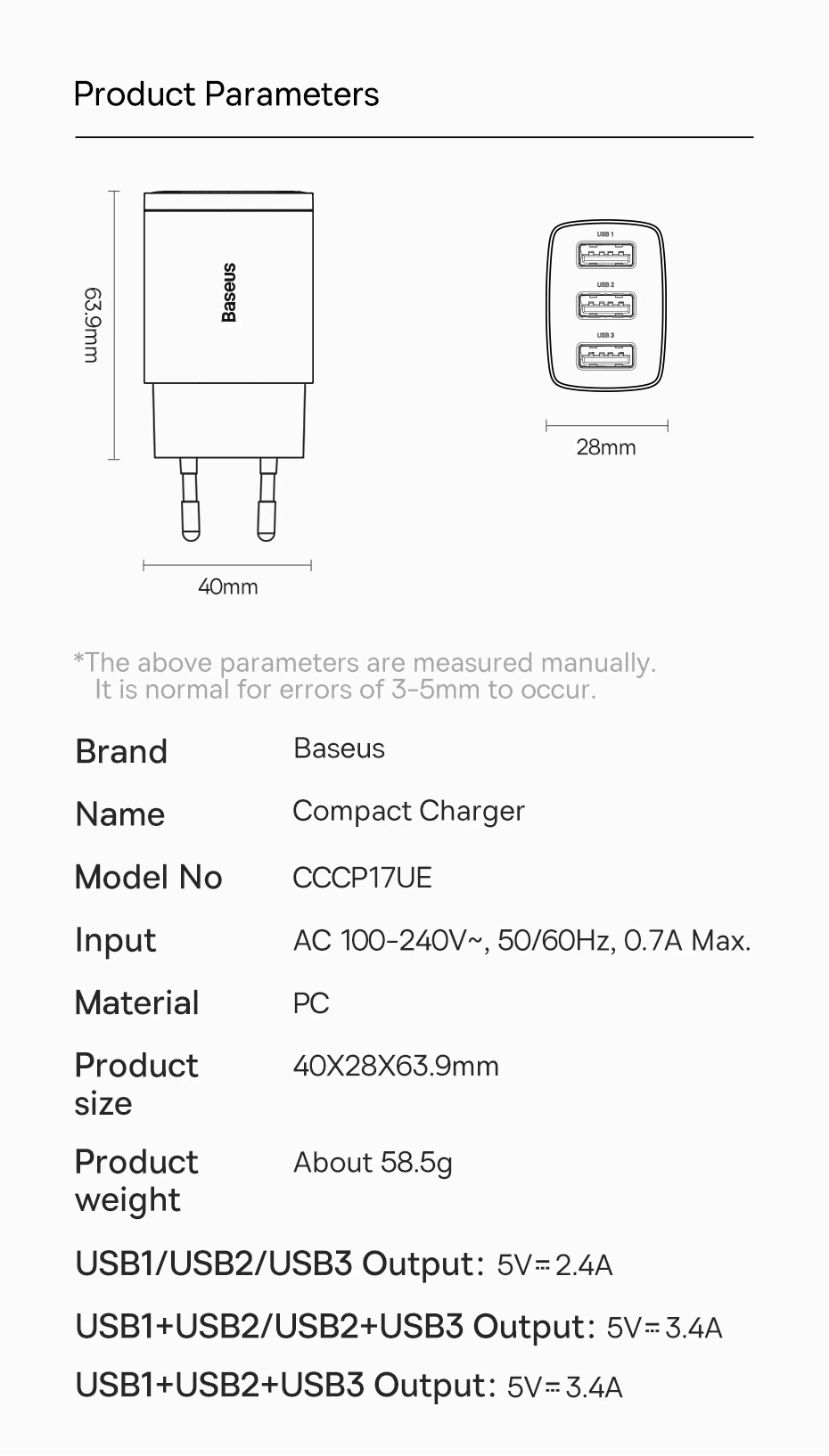 Baseus 17W 3 USB Output Adapter