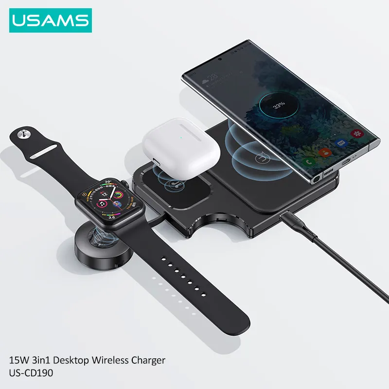 USAMS CD-190 15W 3 In 1 Desktop Wireless Charging Station