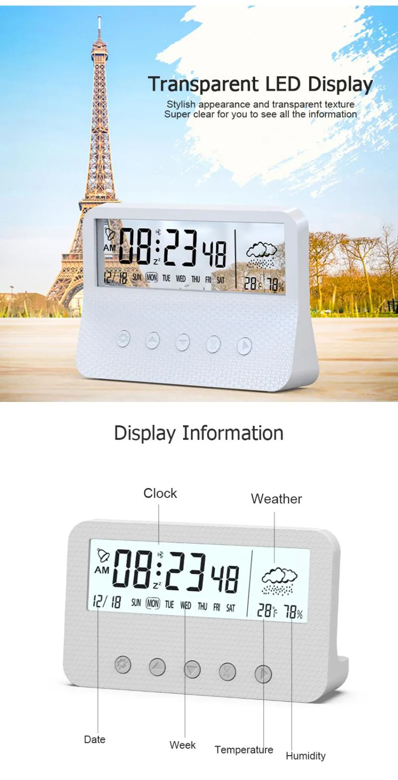 LCD Alarm Clock Desk Temperature Humidity Calendar Display for Home Bedroom Office