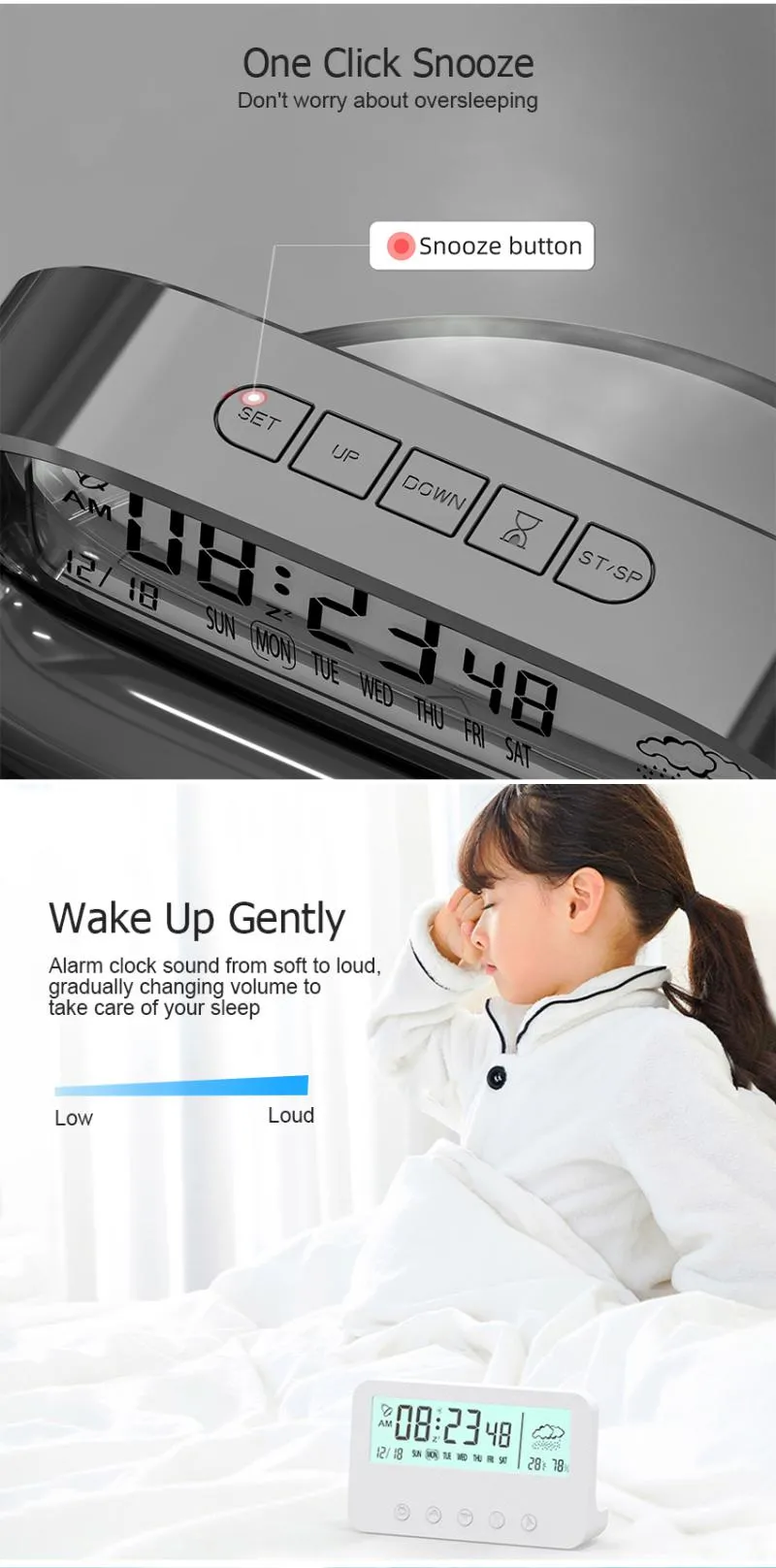 LCD Alarm Clock Desk Temperature Humidity Calendar Display for Home Bedroom Office