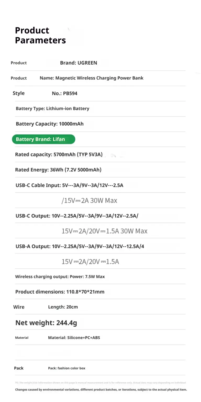UGREEN PB594 10000mAh 30W Wireless Power Bank