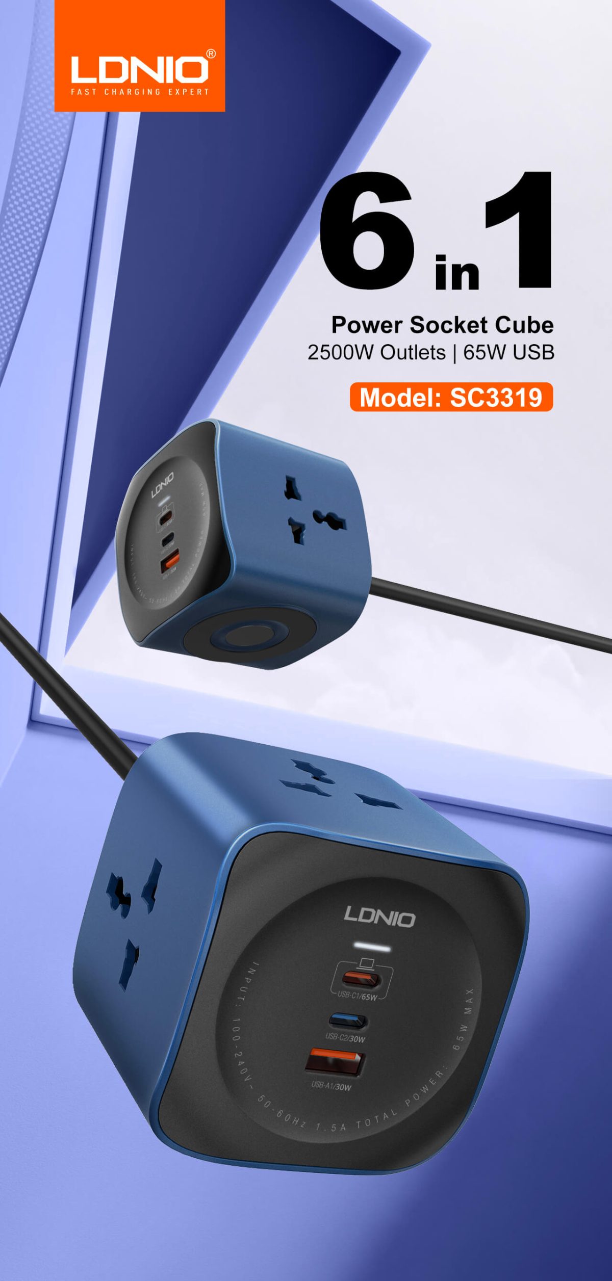 LDNIO SC3319 65W 6 in 1 Power Socket Cube 2500W Outlets